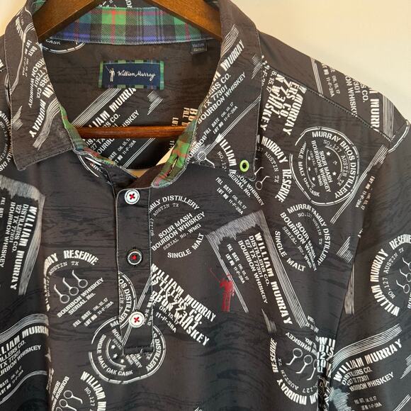 William Murray Men’s M Golf Polo Shirt Black Whiskey Print Stretch Performance - Picture 1 of 13